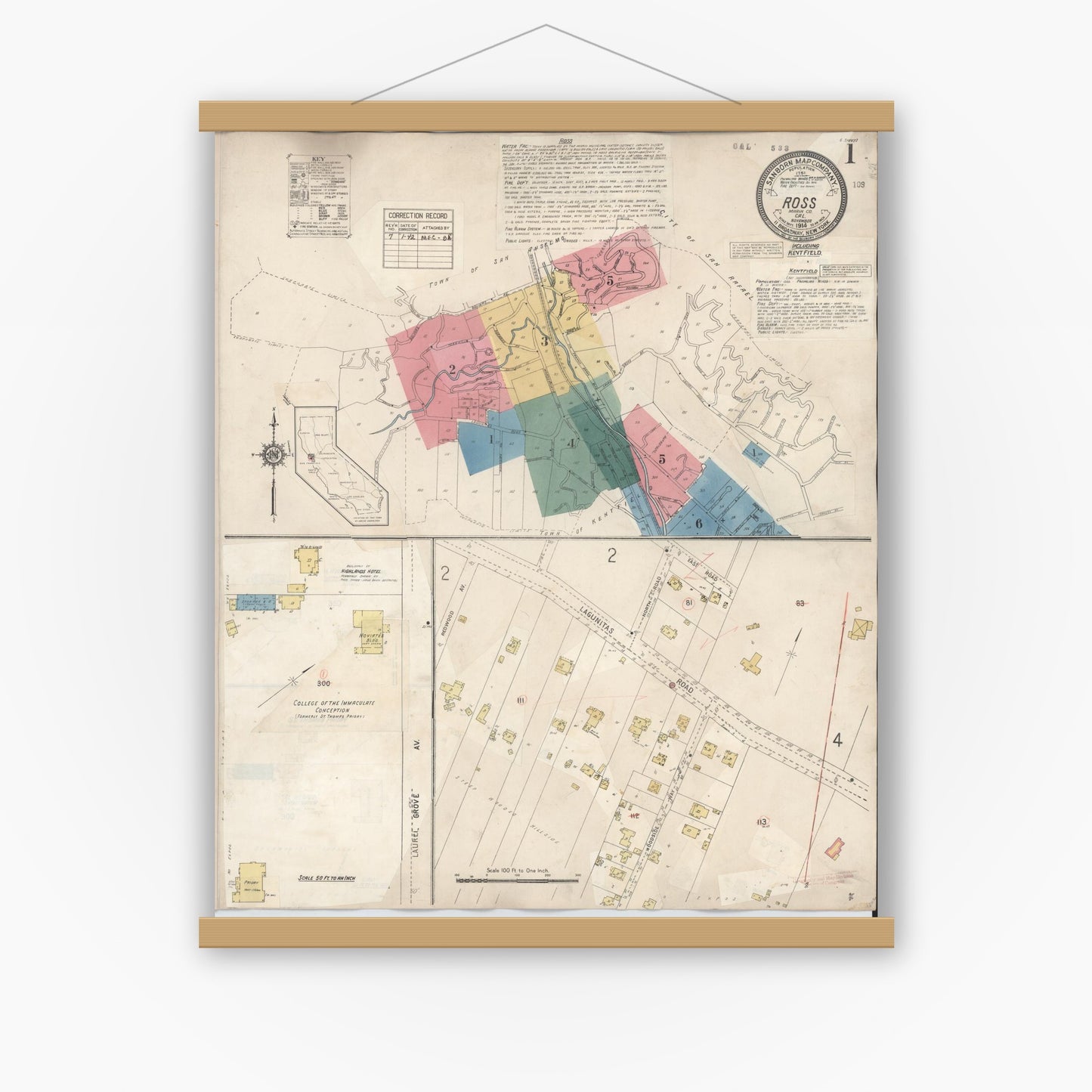 Old map wall art mockup — magnetic wood frame on white wall — Sanborn Fire Insurance Map from Ross, Marin County, California (1942) - Complete Map Set