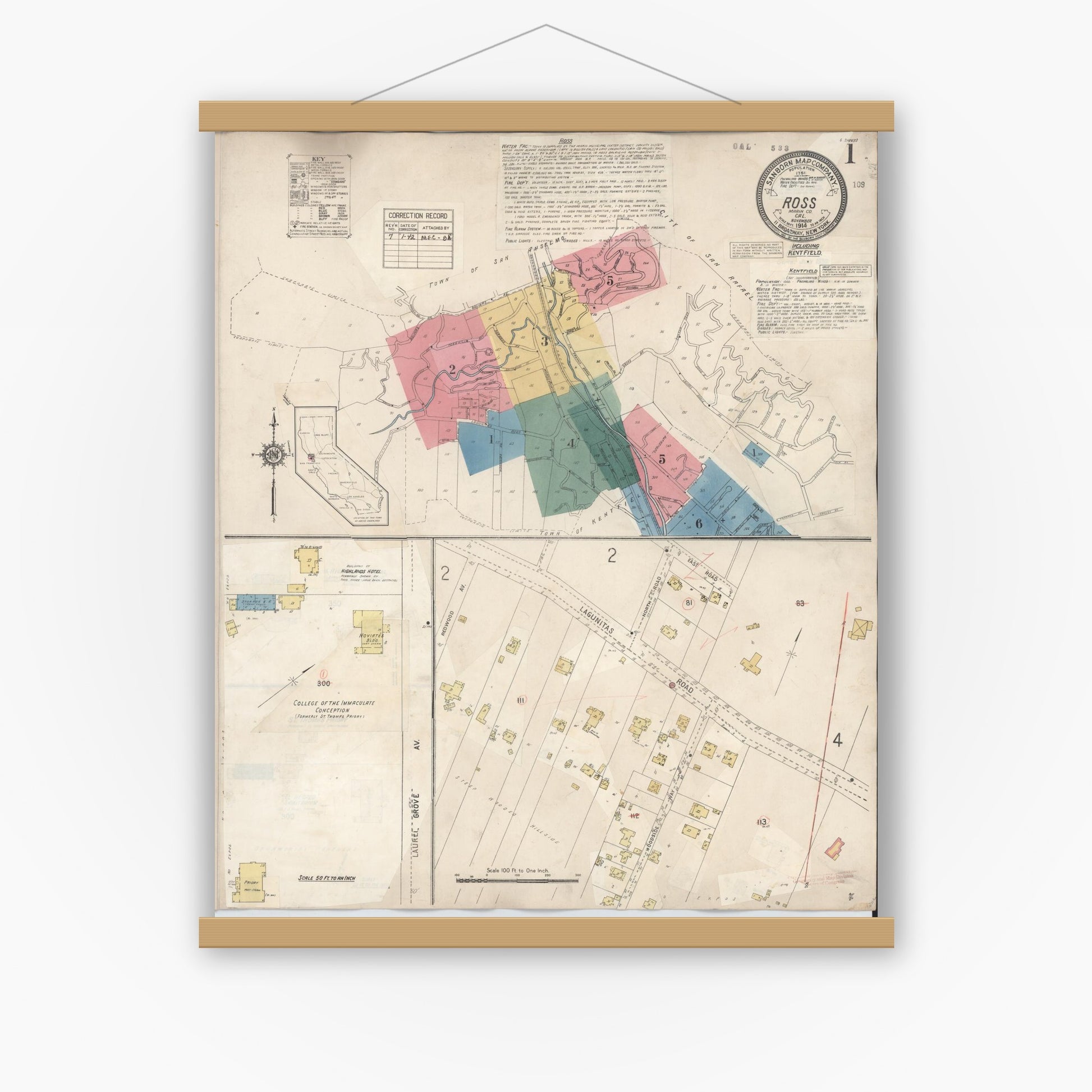 Old map wall art mockup — magnetic wood frame on white wall — Sanborn Fire Insurance Map from Ross, Marin County, California (1942) - Complete Map Set
