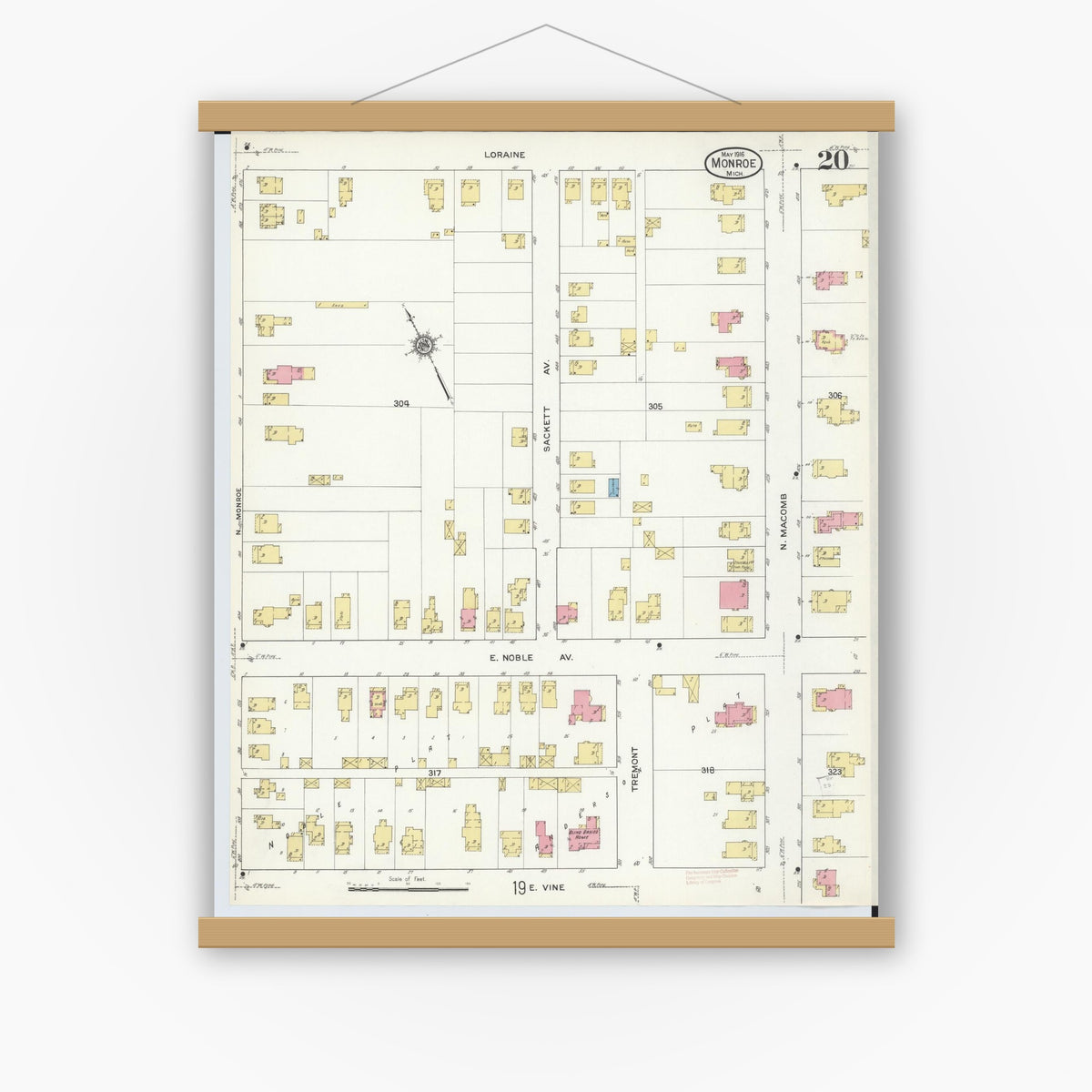 Old map wall art mockup — magnetic wood frame on white wall — Sanborn Fire Insurance Map from Monroe, Monroe County, Michigan (1916), Sheet #0020