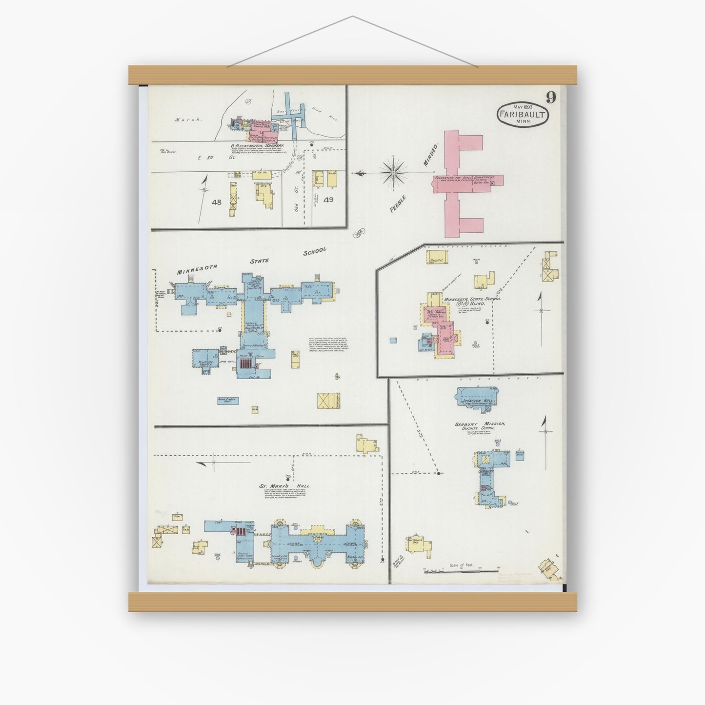 Old map wall art mockup — magnetic wood frame on white wall — Sanborn Fire Insurance Map from Faribault, Rice County, Minnesota (1893), Sheet #0009