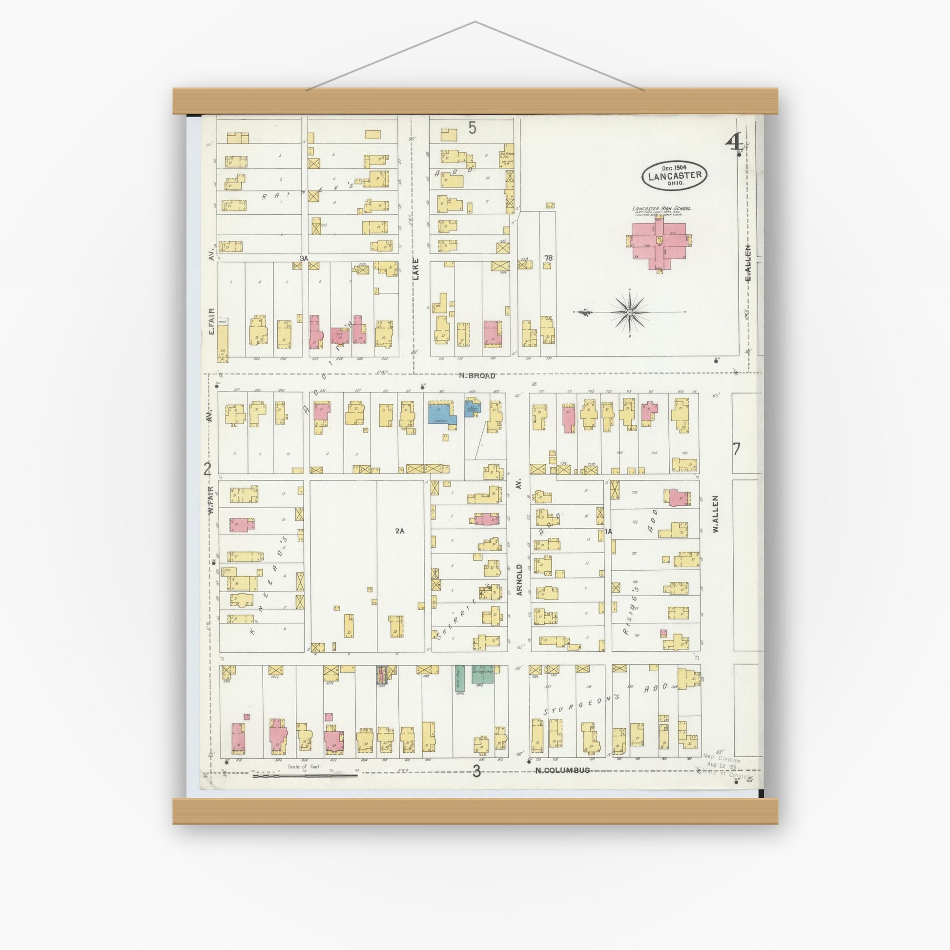 Old map wall art mockup — magnetic wood frame on white wall — Sanborn Fire Insurance Map from Lancaster, Fairfield County, Ohio (1904), Sheet #0004