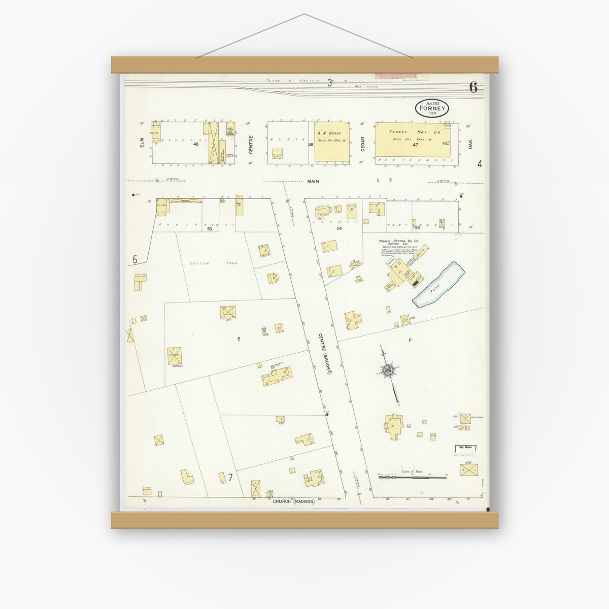 Old map wall art mockup — magnetic wood frame on white wall — Sanborn Fire Insurance Map from Forney, Kaufman County, Texas (1912), Sheet #0006