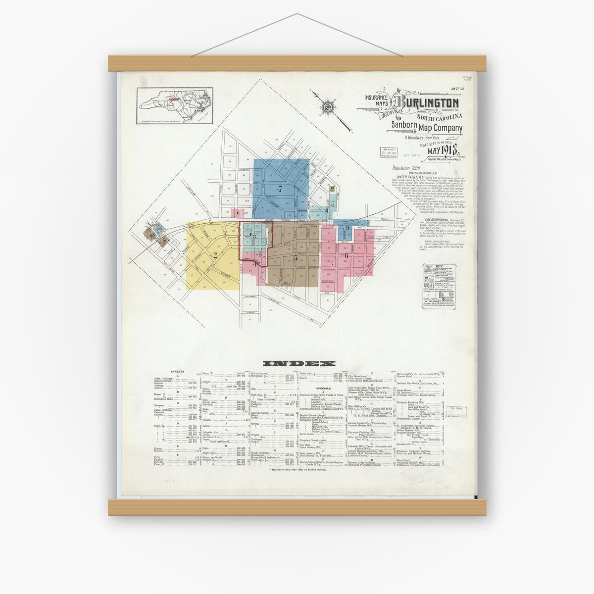 Old map wall art mockup — magnetic wood frame on white wall — Sanborn Fire Insurance Map from Burlington, Alamance County, North Carolina (1918) - Complete Map Set