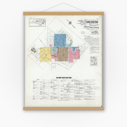 Old map wall art mockup — magnetic wood frame on white wall — Sanborn Fire Insurance Map from Burlington, Alamance County, North Carolina (1918) - Complete Map Set