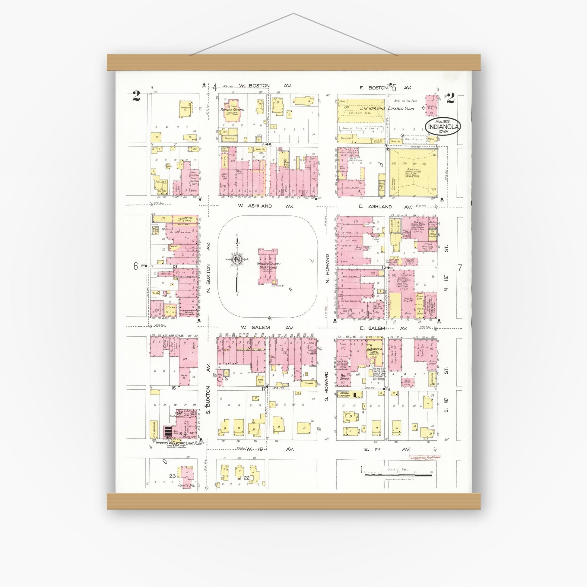 Old map wall art mockup — magnetic wood frame on white wall — Sanborn Fire Insurance Map from Indianola, Warren County, Iowa (1918), Sheet #0002