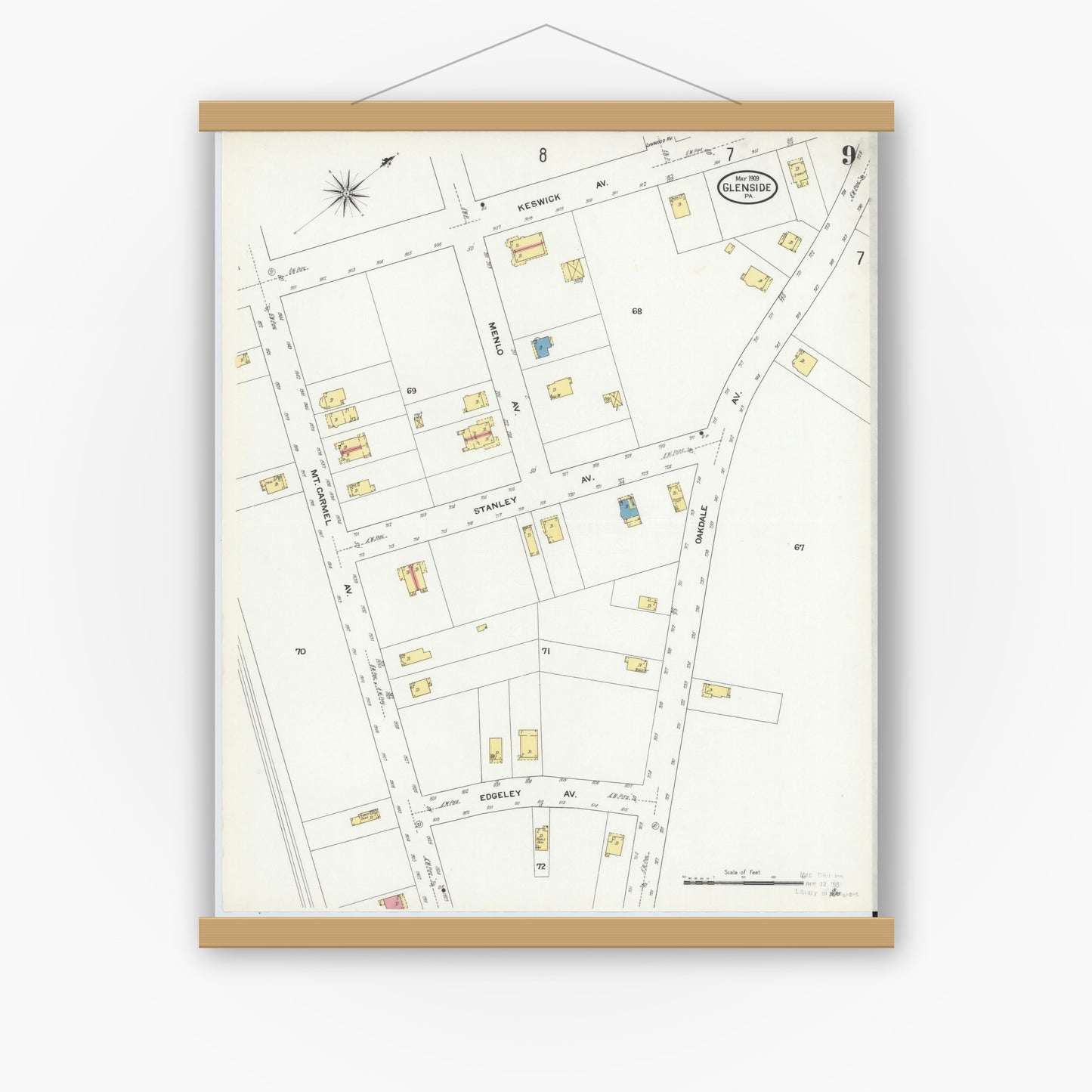 Old map wall art mockup — magnetic wood frame on white wall — Sanborn Fire Insurance Map from Glenside, Montgomery County, Pennsylvania (1909), Sheet #0009