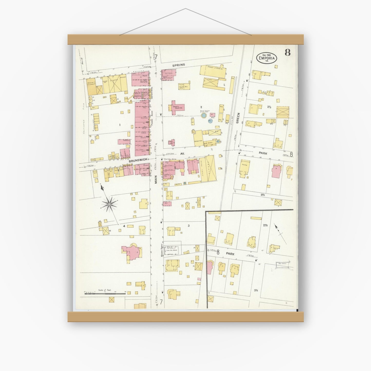 Old map wall art mockup — magnetic wood frame on white wall — Sanborn Fire Insurance Map from Emporia, Independent Cities, Virginia (1909), Sheet #0008