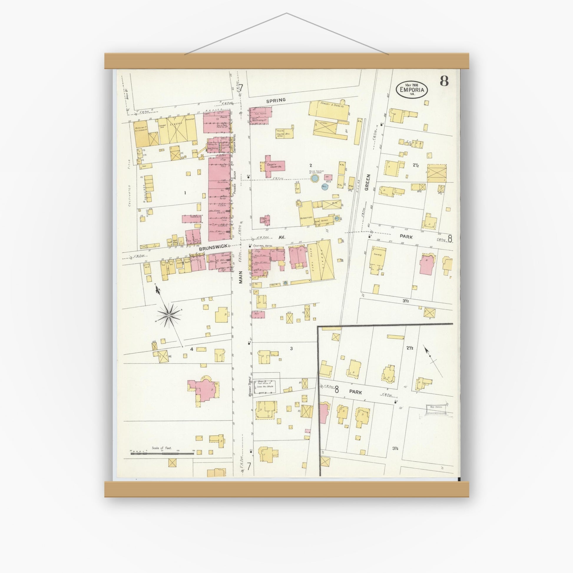 Old map wall art mockup — magnetic wood frame on white wall — Sanborn Fire Insurance Map from Emporia, Independent Cities, Virginia (1909), Sheet #0008