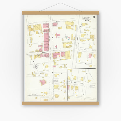 Old map wall art mockup — magnetic wood frame on white wall — Sanborn Fire Insurance Map from Emporia, Independent Cities, Virginia (1909), Sheet #0008