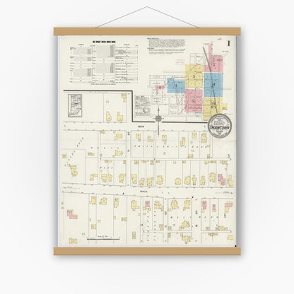 Old map wall art mockup — magnetic wood frame on white wall — Sanborn Fire Insurance Map from Thorntown, Boone County, Indiana (1915) - Complete Map Set