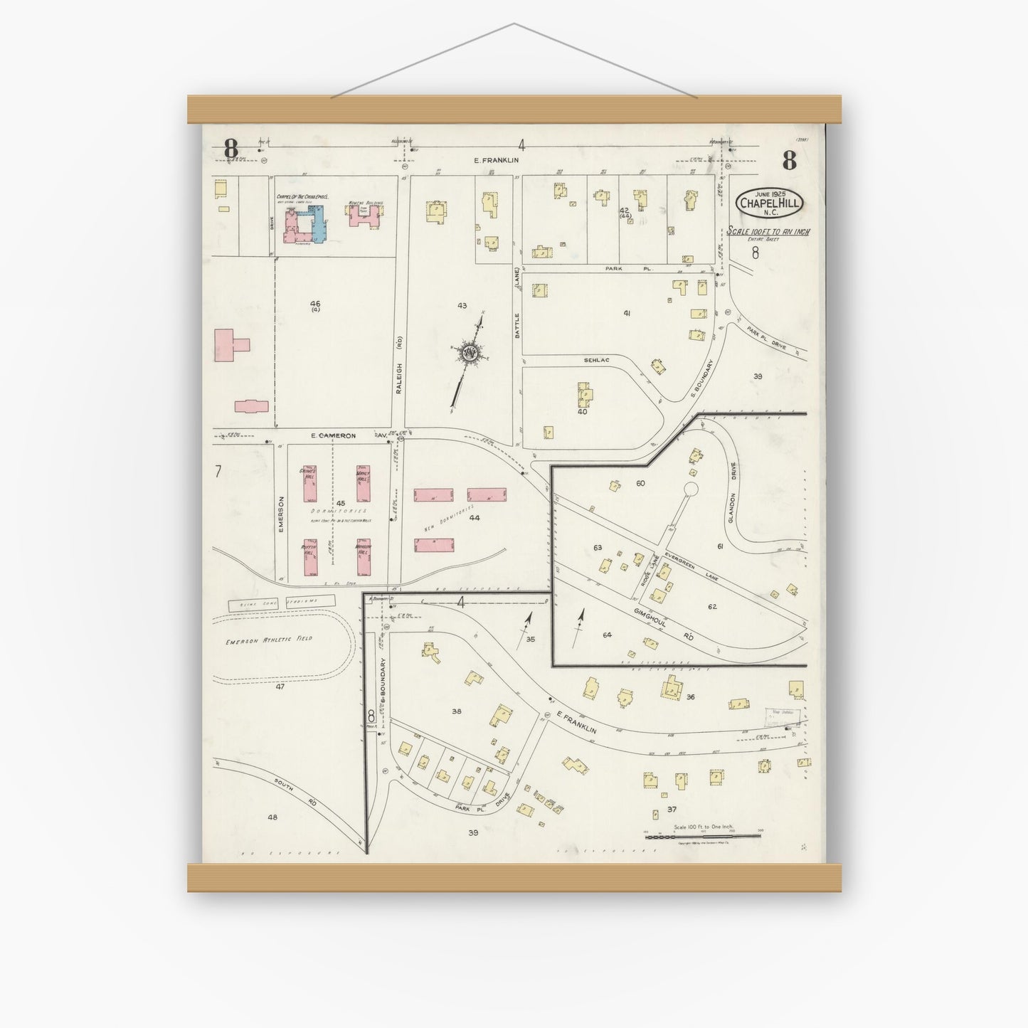 Old map wall art mockup — magnetic wood frame on white wall — Sanborn Fire Insurance Map from Chapel Hill, Orange County, North Carolina (1925), Sheet #0008