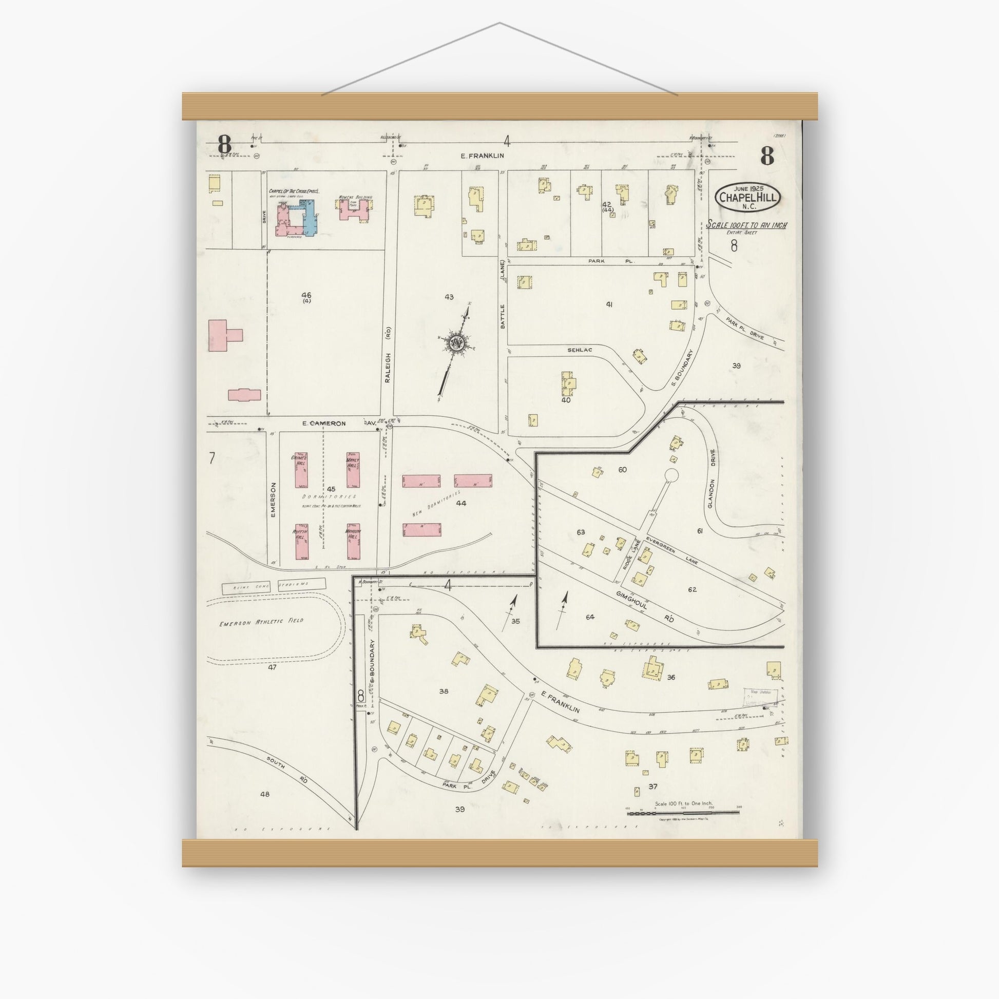 Old map wall art mockup — magnetic wood frame on white wall — Sanborn Fire Insurance Map from Chapel Hill, Orange County, North Carolina (1925), Sheet #0008