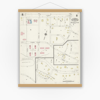 Old map wall art mockup — magnetic wood frame on white wall — Sanborn Fire Insurance Map from Chapel Hill, Orange County, North Carolina (1925), Sheet #0008