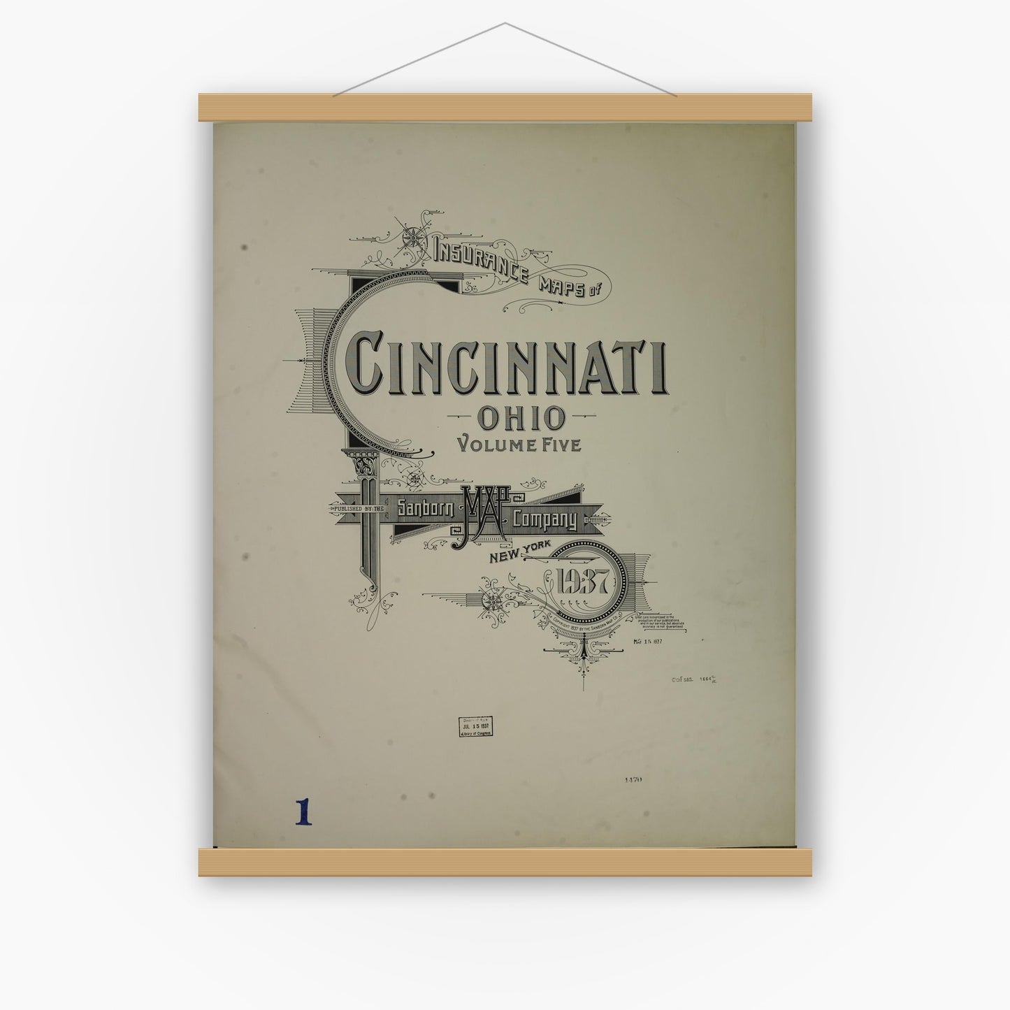 Old map wall art mockup — magnetic wood frame on white wall — Sanborn Fire Insurance Map from Cincinnati, Hamilton County, Ohio (1937), Sheet #0001
