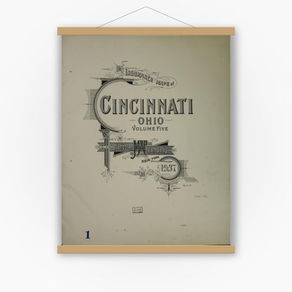 Old map wall art mockup — magnetic wood frame on white wall — Sanborn Fire Insurance Map from Cincinnati, Hamilton County, Ohio (1937), Sheet #0001