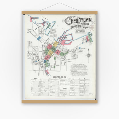 Old map wall art mockup — magnetic wood frame on white wall — Sanborn Fire Insurance Map from Cheboygan, Cheboygan County, Michigan (1900) - Complete Map Set