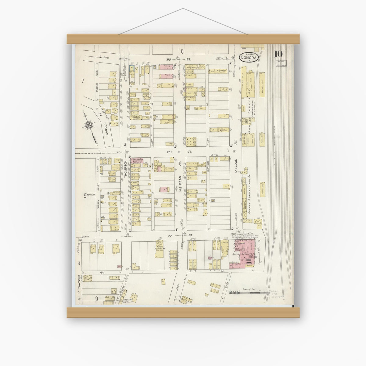 Old map wall art mockup — magnetic wood frame on white wall — Sanborn Fire Insurance Map from Donora, Washington County, Pennsylvania (1914), Sheet #0010