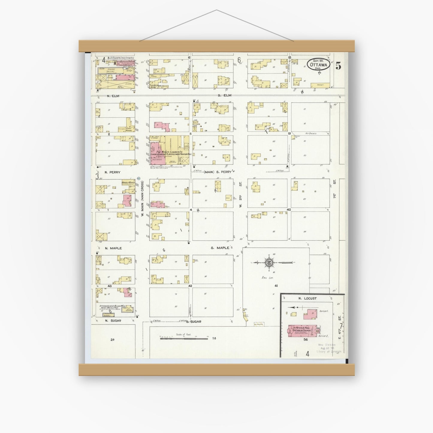 Old map wall art mockup — magnetic wood frame on white wall — Sanborn Fire Insurance Map from Ottawa, Putnam County, Ohio (1911), Sheet #0005