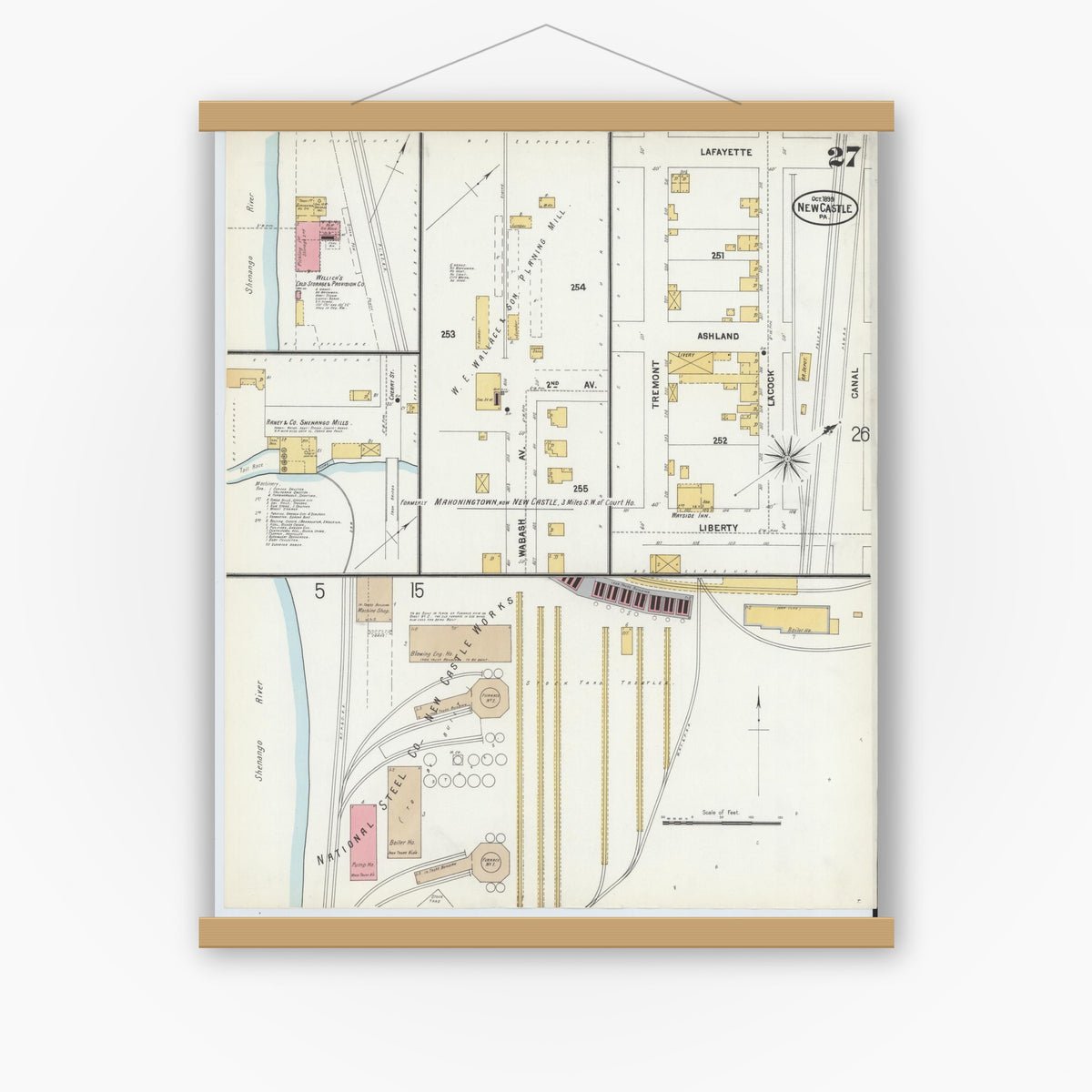 Old map wall art mockup — magnetic wood frame on white wall — Sanborn Fire Insurance Map from New Castle, Lawrence County, Pennsylvania (1899), Sheet #0027