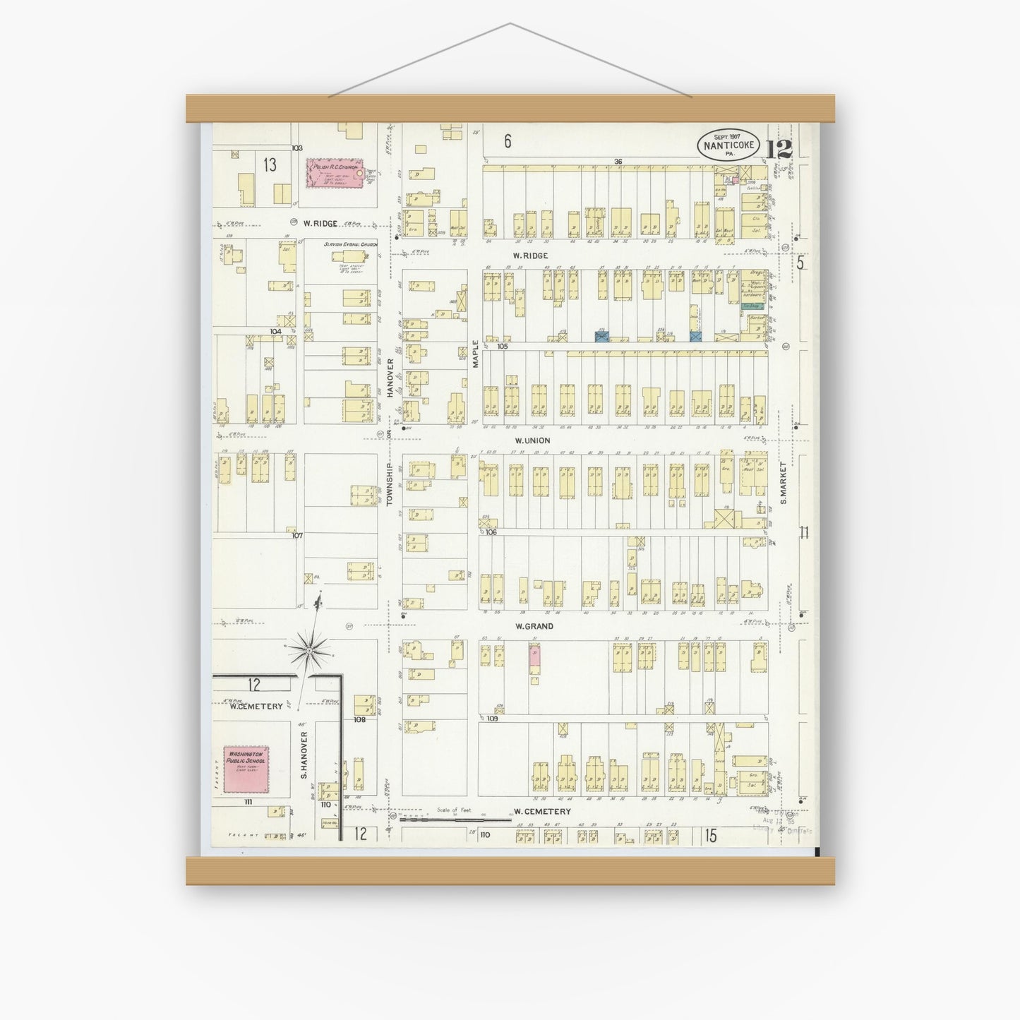 Old map wall art mockup — magnetic wood frame on white wall — Sanborn Fire Insurance Map from Nanticoke, Luzerne County, Pennsylvania (1907), Sheet #0012