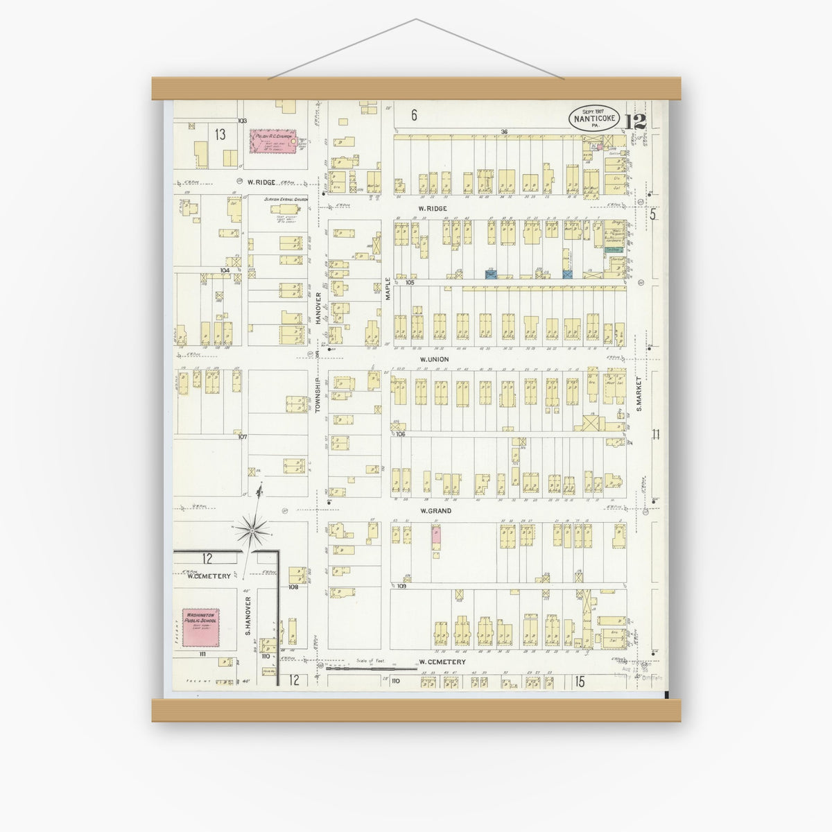 Old map wall art mockup — magnetic wood frame on white wall — Sanborn Fire Insurance Map from Nanticoke, Luzerne County, Pennsylvania (1907), Sheet #0012