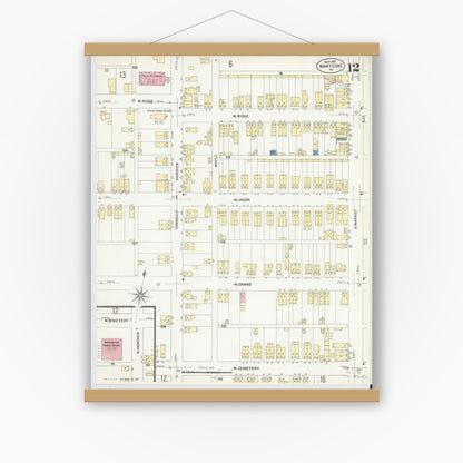 Old map wall art mockup — magnetic wood frame on white wall — Sanborn Fire Insurance Map from Nanticoke, Luzerne County, Pennsylvania (1907), Sheet #0012