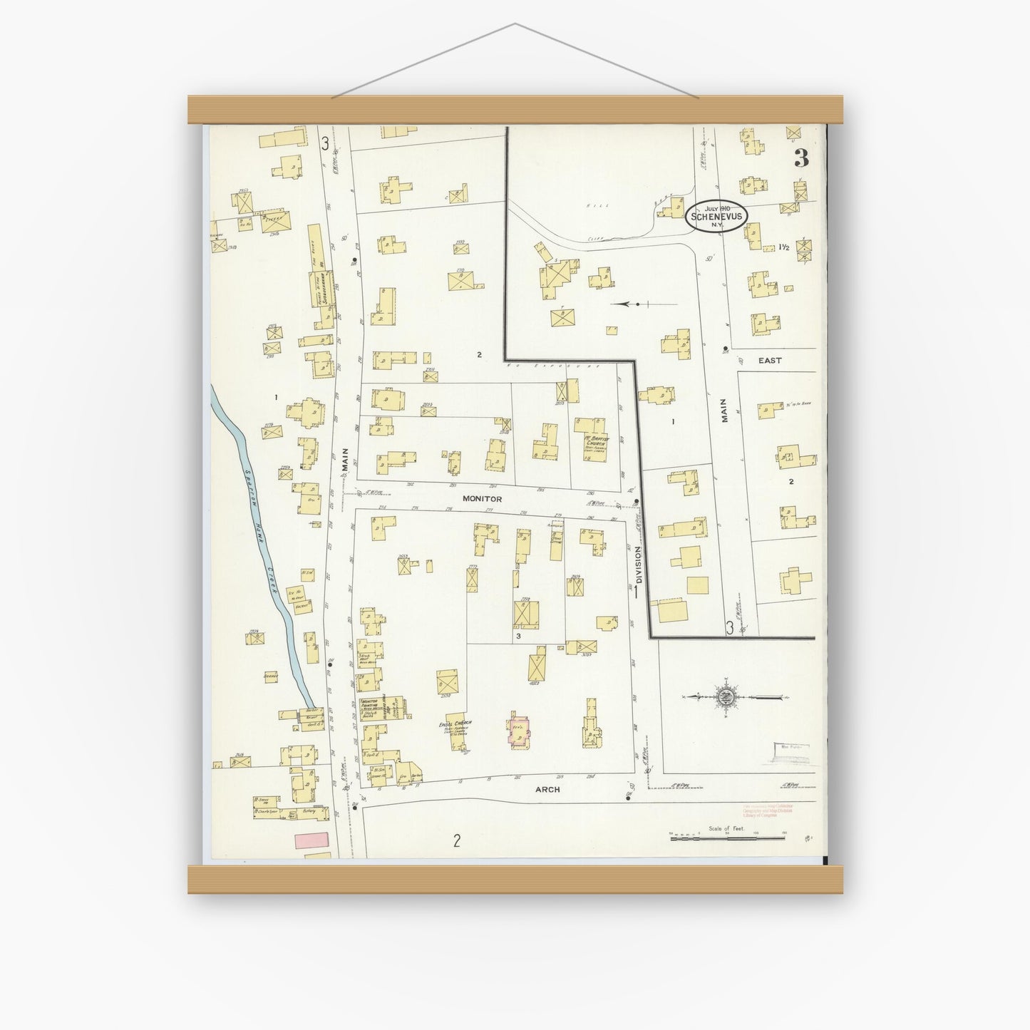 Old map wall art mockup — magnetic wood frame on white wall — Sanborn Fire Insurance Map from Schenevus, Otsego County, New York (1910), Sheet #0003