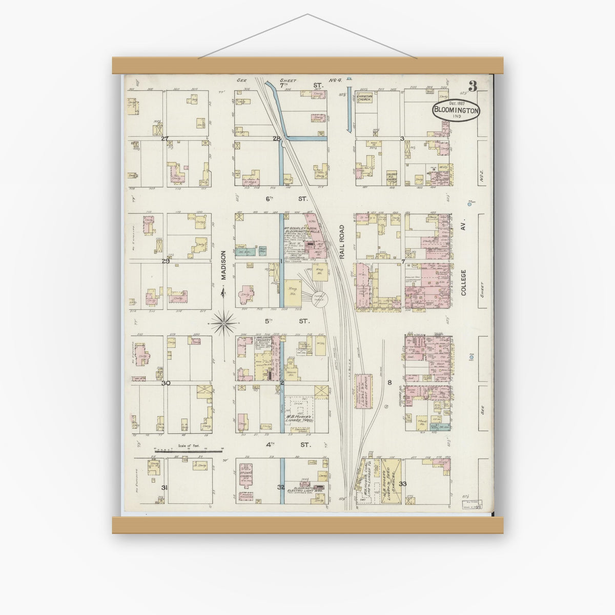 Old map wall art mockup — magnetic wood frame on white wall — Sanborn Fire Insurance Map from Bloomington, Monroe County, Indiana (1887), Sheet #0003