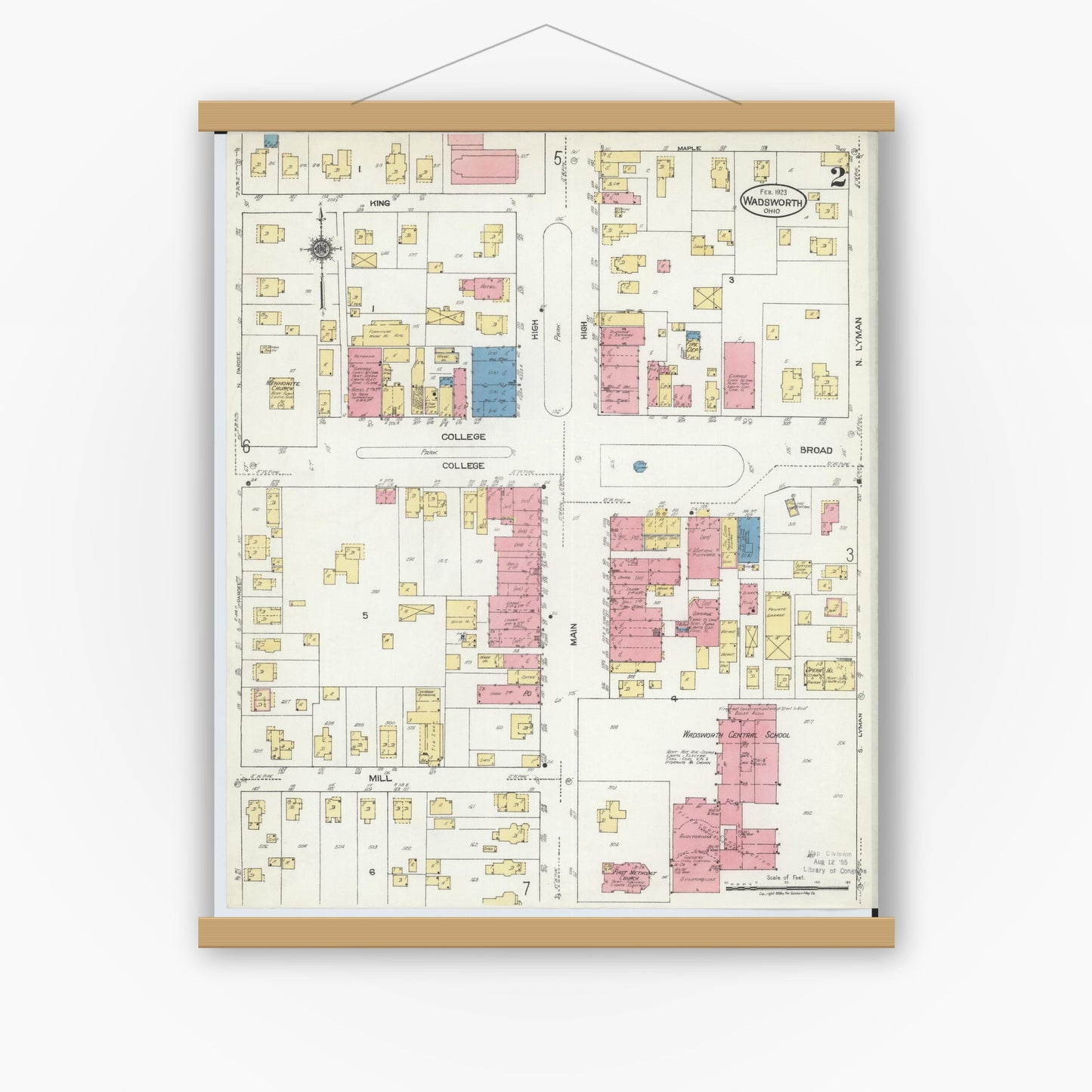 Old map wall art mockup — magnetic wood frame on white wall — Sanborn Fire Insurance Map from Wadsworth, Medina County, Ohio (1923), Sheet #0002