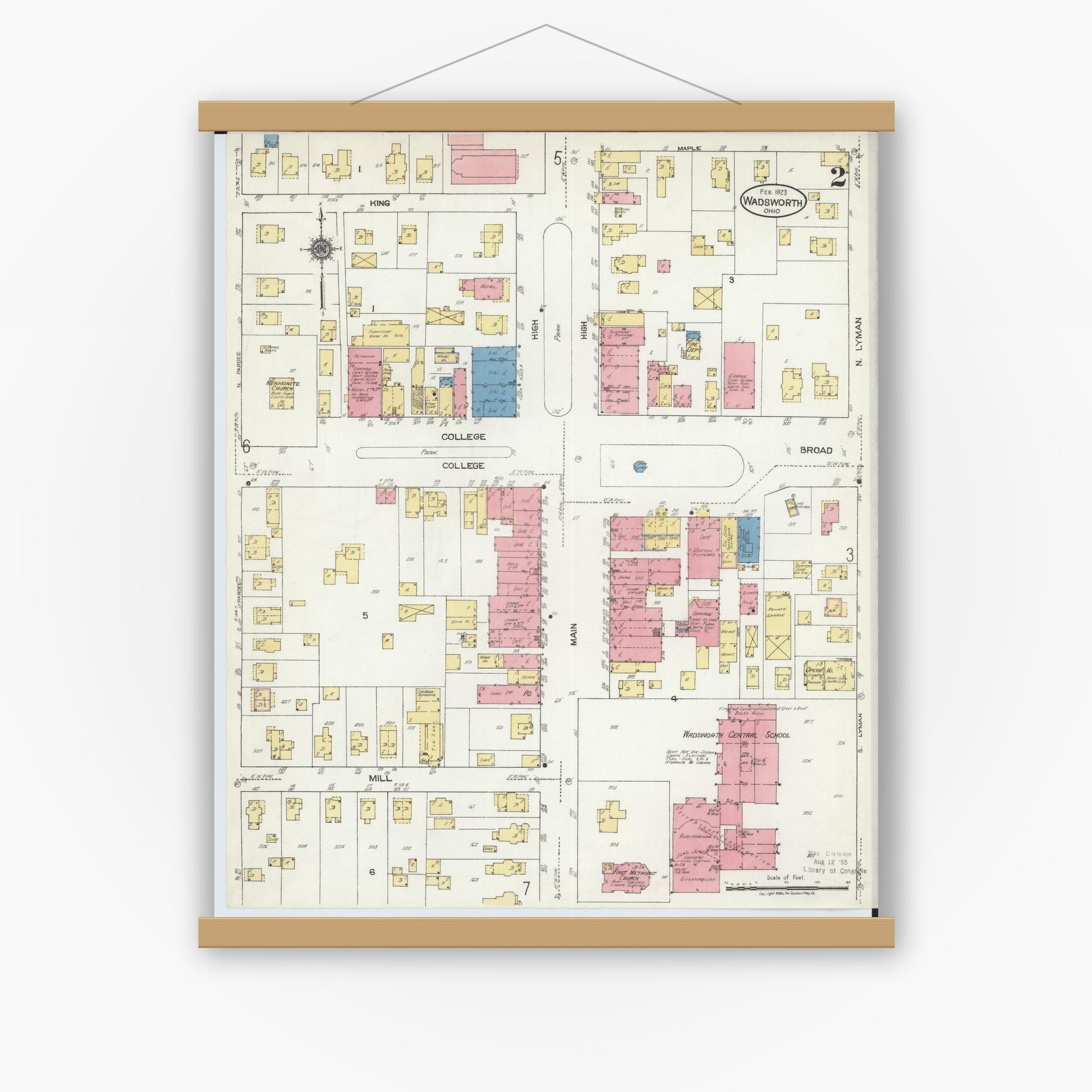 Old map wall art mockup — magnetic wood frame on white wall — Sanborn Fire Insurance Map from Wadsworth, Medina County, Ohio (1923), Sheet #0002