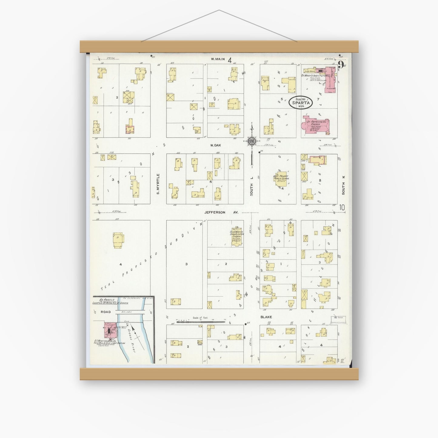 Old map wall art mockup — magnetic wood frame on white wall — Sanborn Fire Insurance Map from Sparta, Monroe County, Wisconsin (1911), Sheet #0009