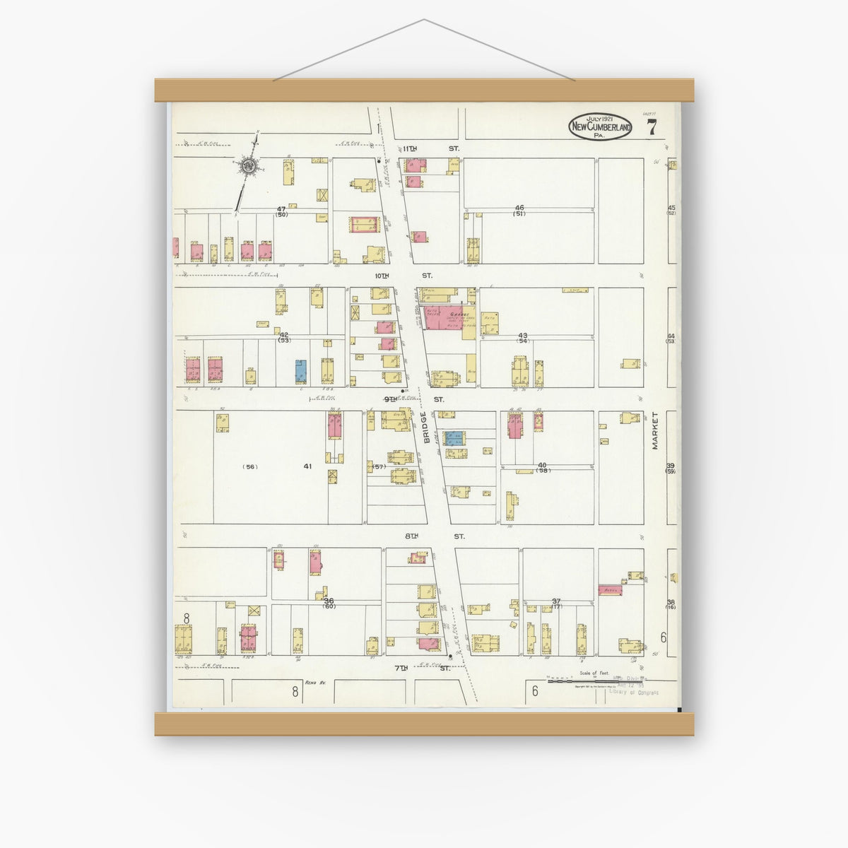 Old map wall art mockup — magnetic wood frame on white wall — Sanborn Fire Insurance Map from New Cumberland, Cumberland County, Pennsylvania (1921), Sheet #0007
