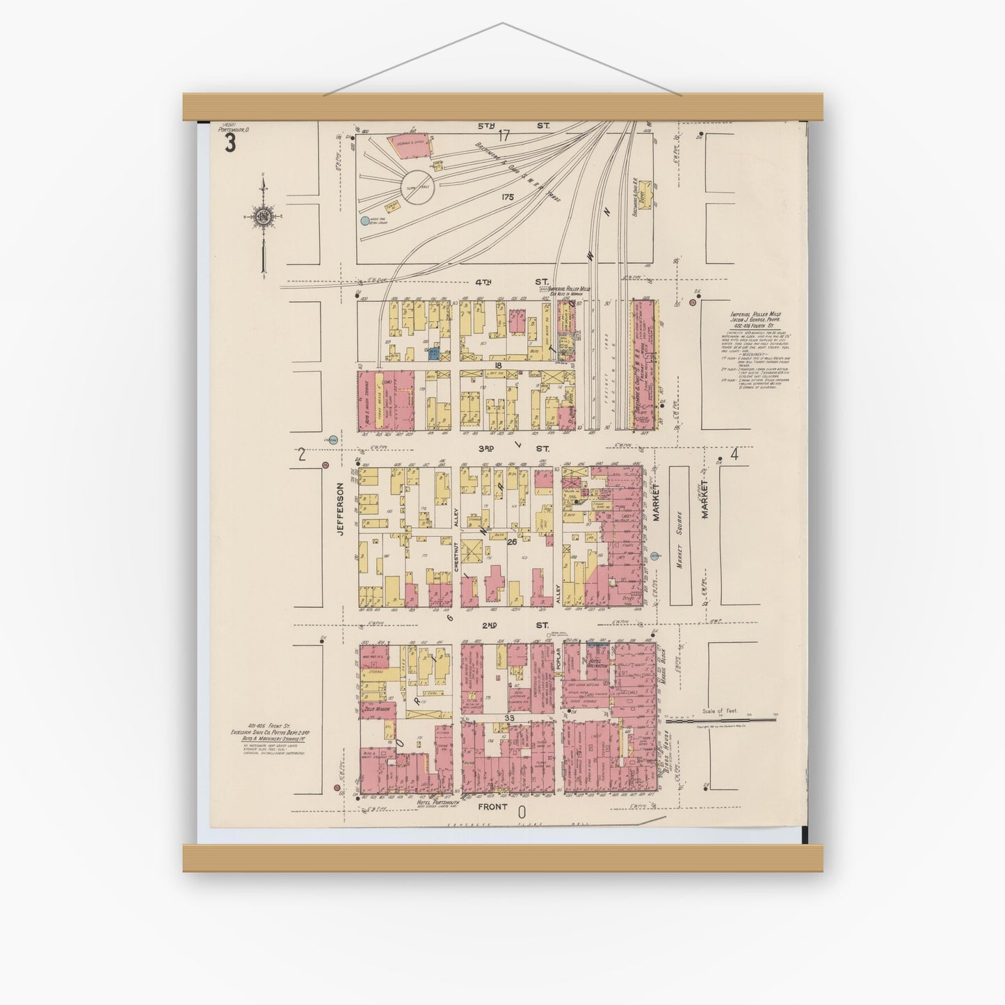Old map wall art mockup — magnetic wood frame on white wall — Sanborn Fire Insurance Map from Portsmouth, Scioto County, Ohio (1921), Sheet #0003