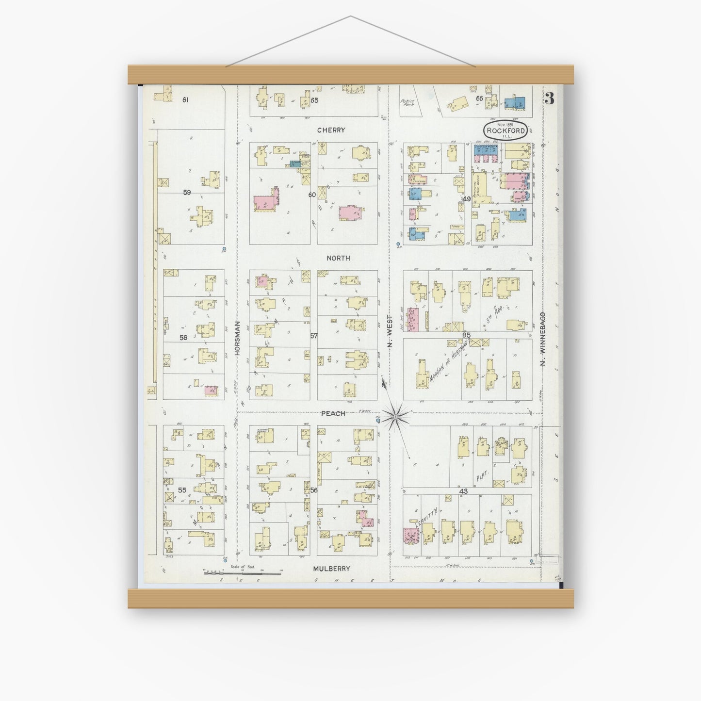 Old map wall art mockup — magnetic wood frame on white wall — Sanborn Fire Insurance Map from Rockford, Winnebago County, Illinois (1891), Sheet #0003