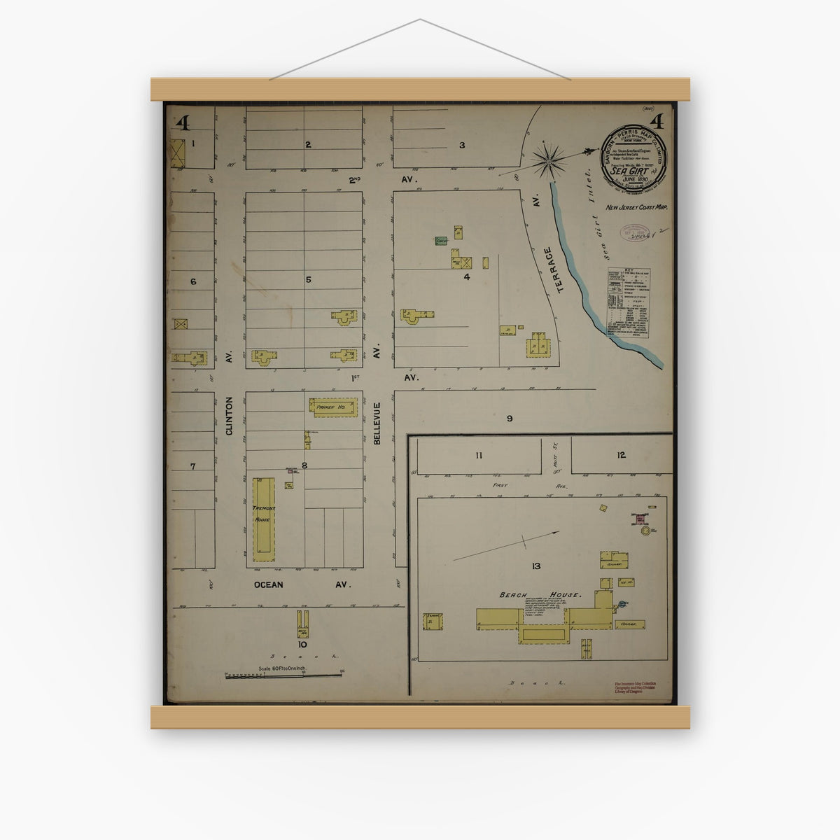 Old map wall art mockup — magnetic wood frame on white wall — Sanborn Fire Insurance Map from New Jersey Coast, New Jersey Coast, New Jersey (1890), Sheet #0004