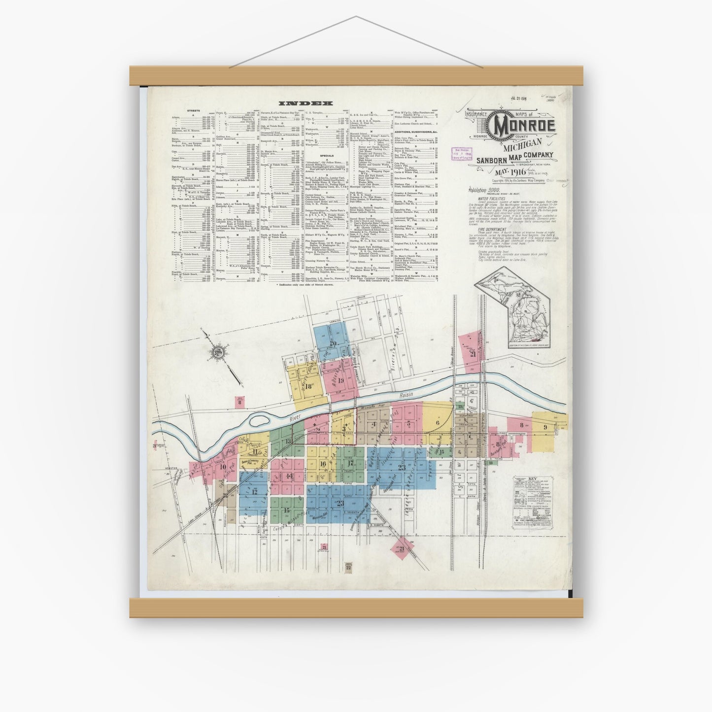 Old map wall art mockup — magnetic wood frame on white wall — Sanborn Fire Insurance Map from Monroe, Monroe County, Michigan (1916), Sheet #0001