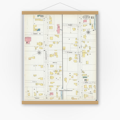 Old map wall art mockup — magnetic wood frame on white wall — Sanborn Fire Insurance Map from Arlington, Middlesex County, Massachusetts (1903), Sheet #0011