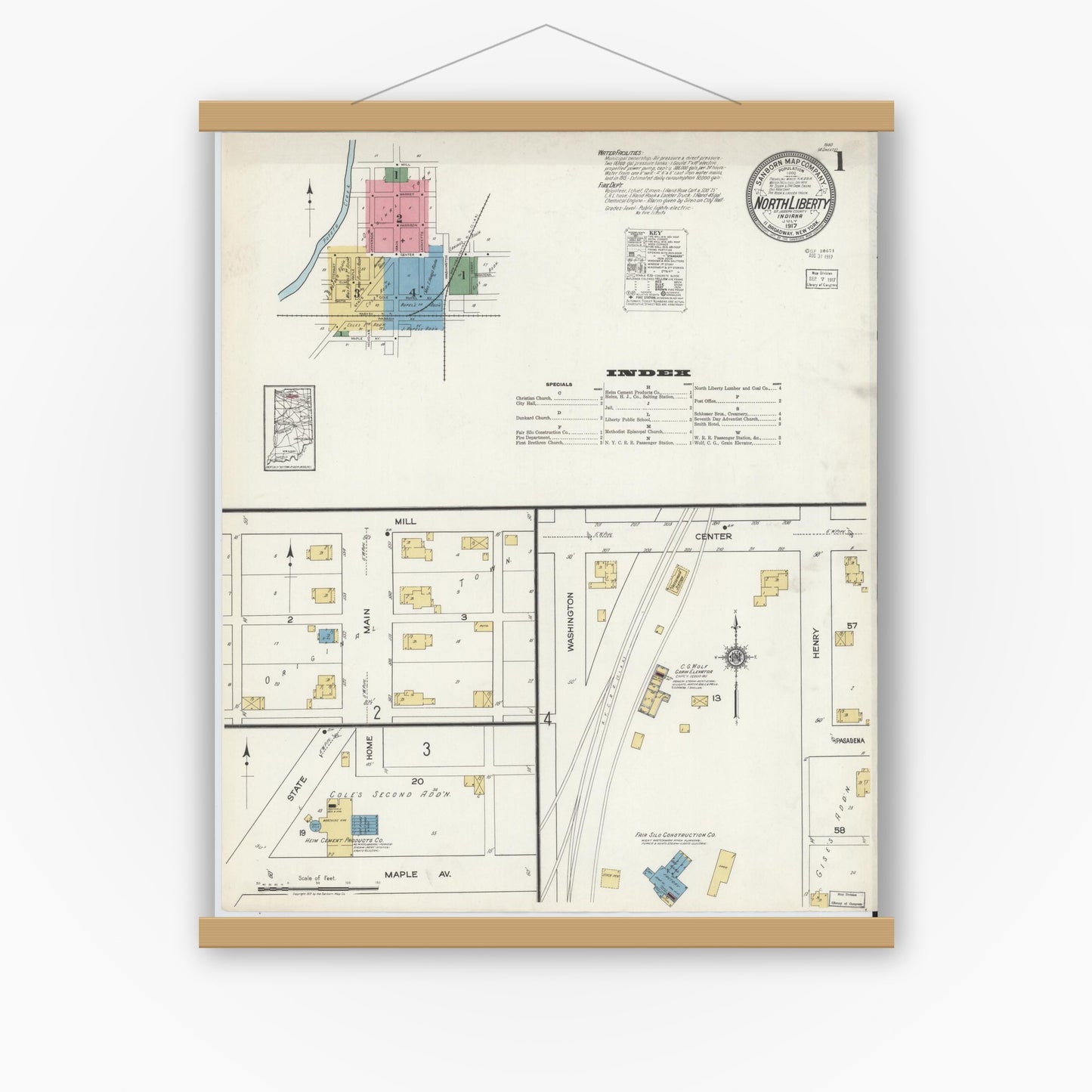 Old map wall art mockup — magnetic wood frame on white wall — Sanborn Fire Insurance Map from North Liberty, Saint Joseph County, Indiana (1917) - Complete Map Set