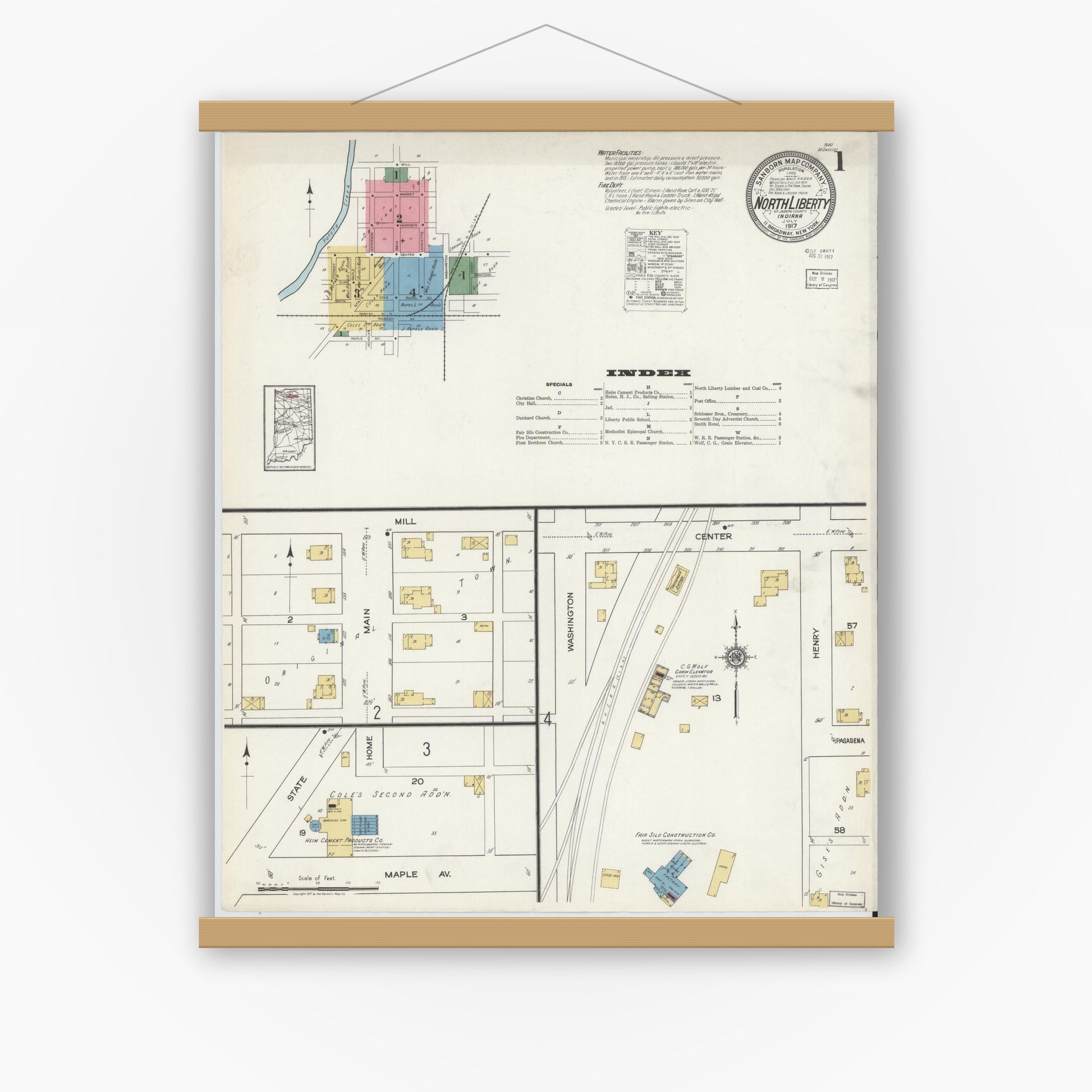 Old map wall art mockup — magnetic wood frame on white wall — Sanborn Fire Insurance Map from North Liberty, Saint Joseph County, Indiana (1917) - Complete Map Set