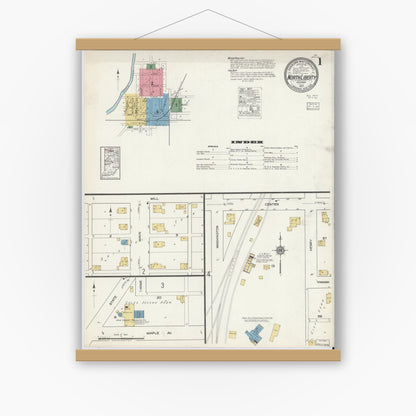 Old map wall art mockup — magnetic wood frame on white wall — Sanborn Fire Insurance Map from North Liberty, Saint Joseph County, Indiana (1917) - Complete Map Set