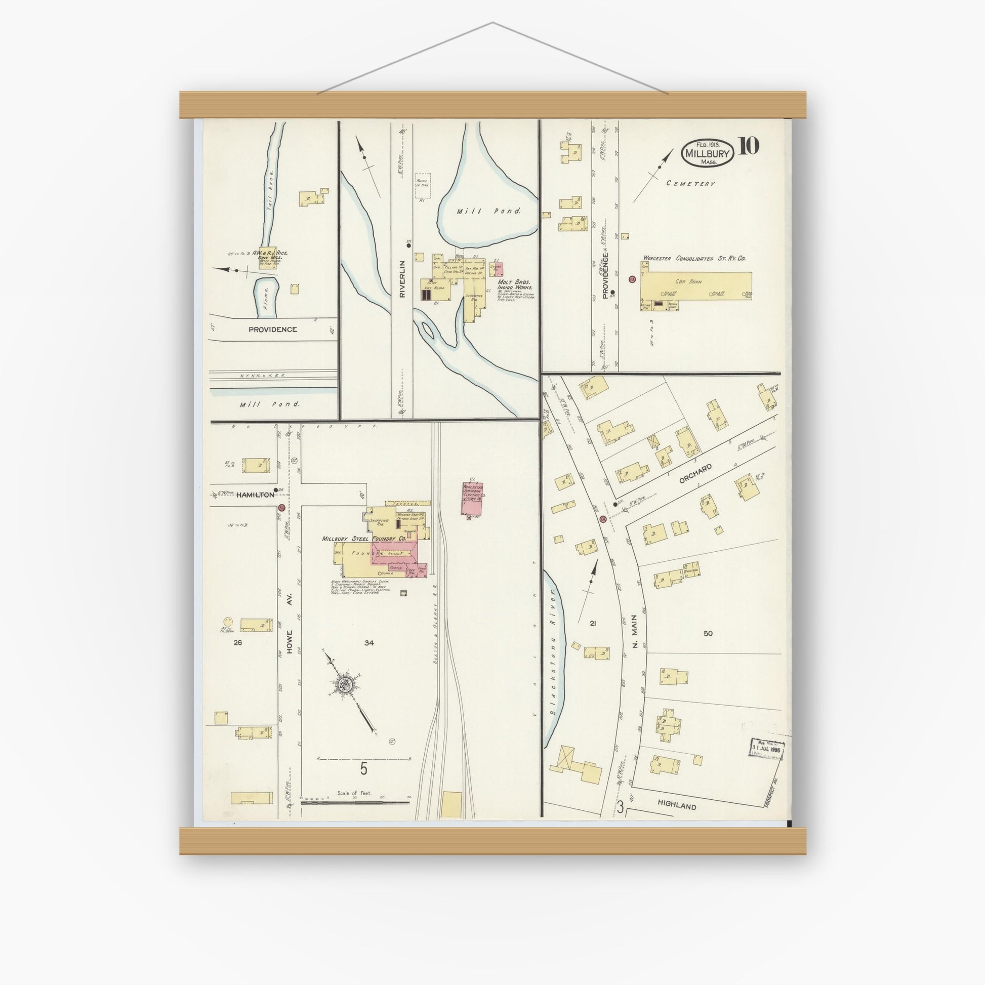 Old map wall art mockup — magnetic wood frame on white wall — Sanborn Fire Insurance Map from Millbury, Worcester County, Massachusetts (1913), Sheet #0010