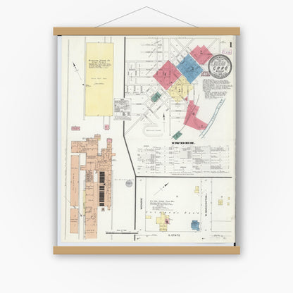 Old map wall art mockup — magnetic wood frame on white wall — Sanborn Fire Insurance Map from Caro, Tuscola County, Michigan (1909), Sheet #0001