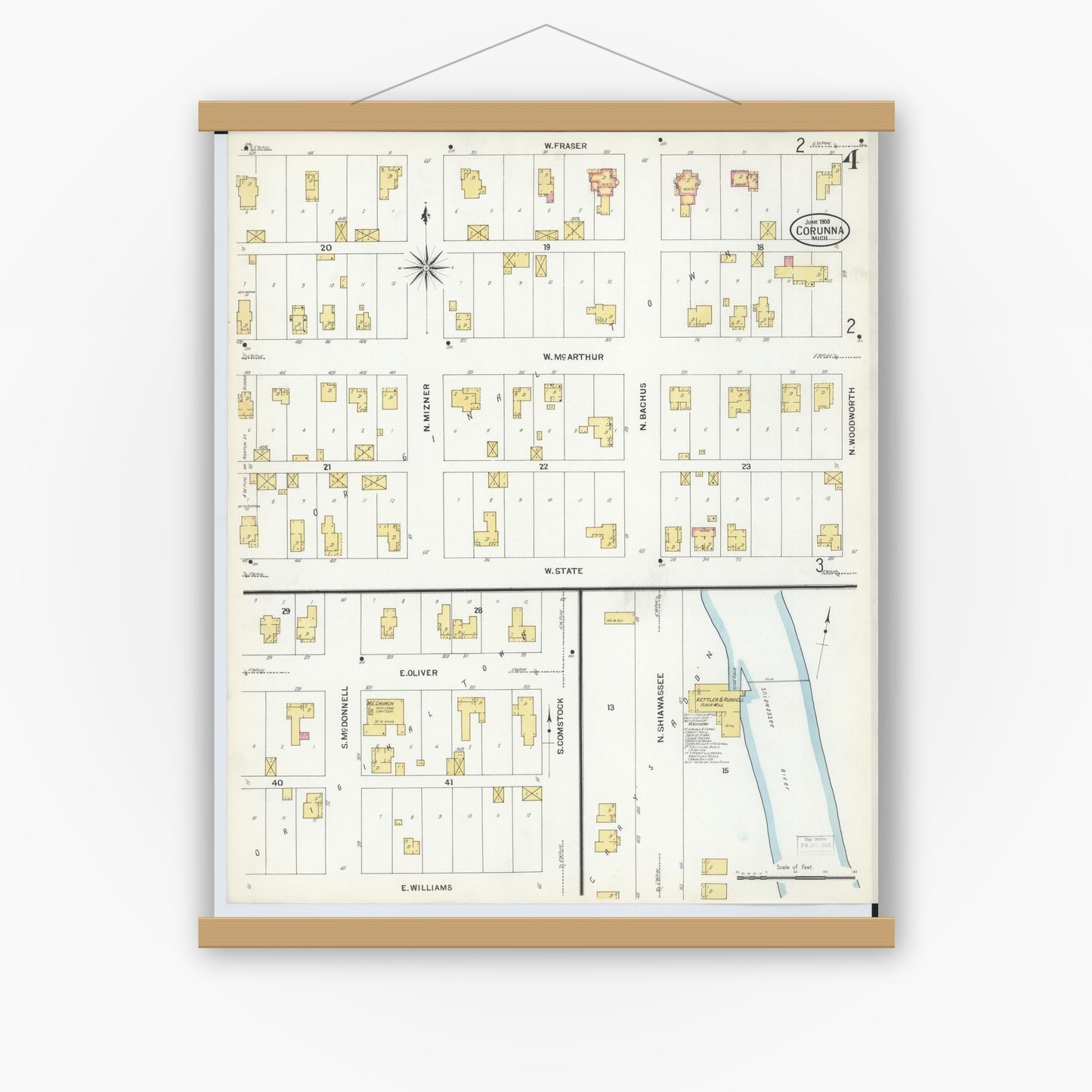 Old map wall art mockup — magnetic wood frame on white wall — Sanborn Fire Insurance Map from Corunna, Shiawassee County, Michigan (1908), Sheet #0004