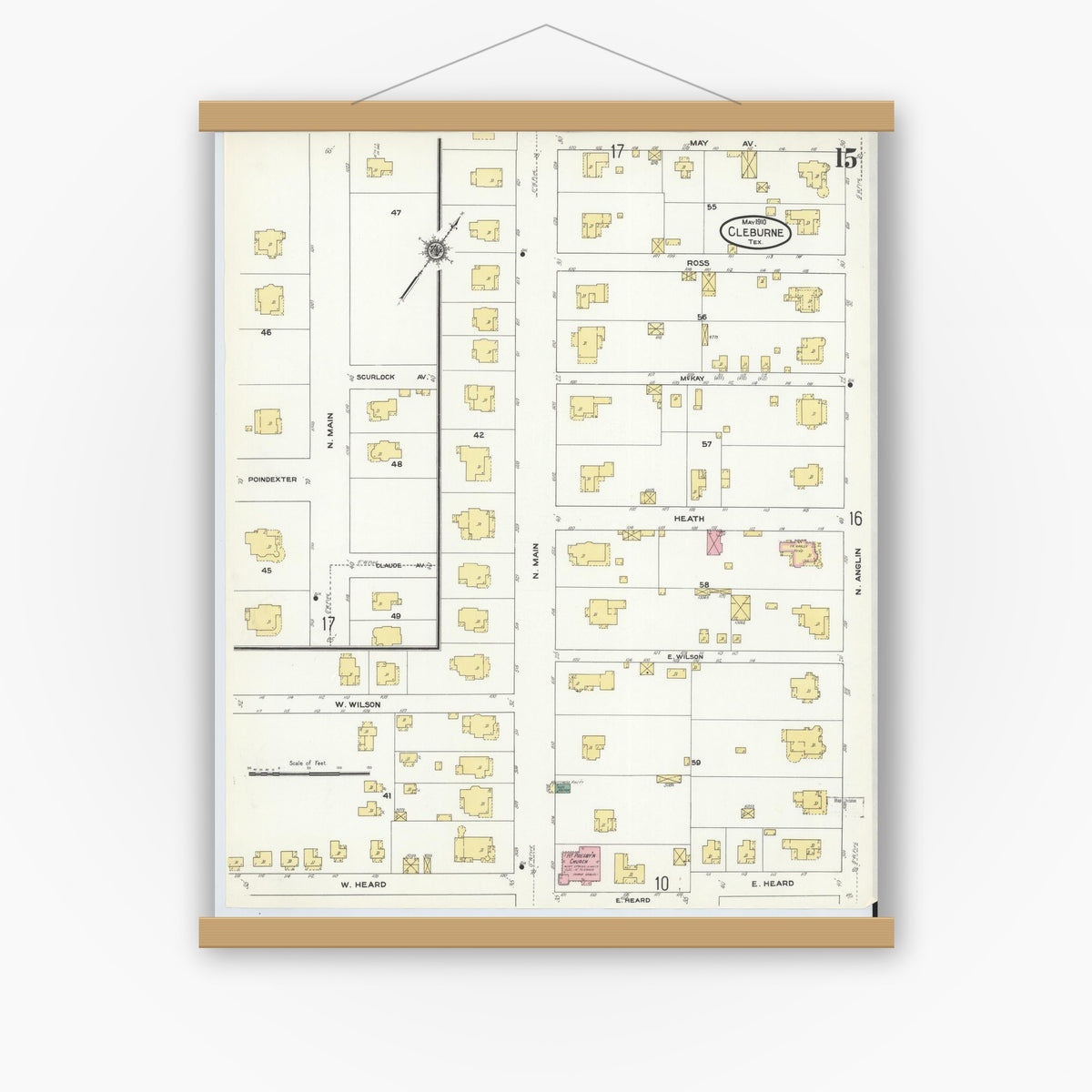 Old map wall art mockup — magnetic wood frame on white wall — Sanborn Fire Insurance Map from Cleburne, Johnson County, Texas (1910), Sheet #0015