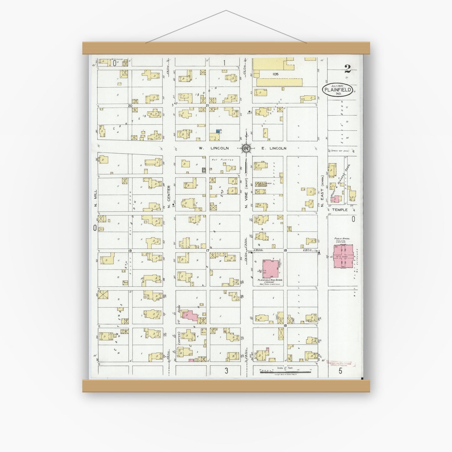 Old map wall art mockup — magnetic wood frame on white wall — Sanborn Fire Insurance Map from Plainfield, Hendricks County, Indiana (1920), Sheet #0002