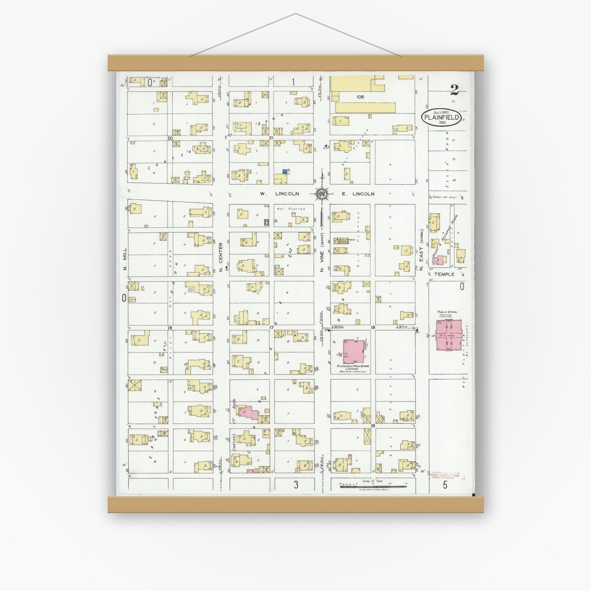 Old map wall art mockup — magnetic wood frame on white wall — Sanborn Fire Insurance Map from Plainfield, Hendricks County, Indiana (1920), Sheet #0002