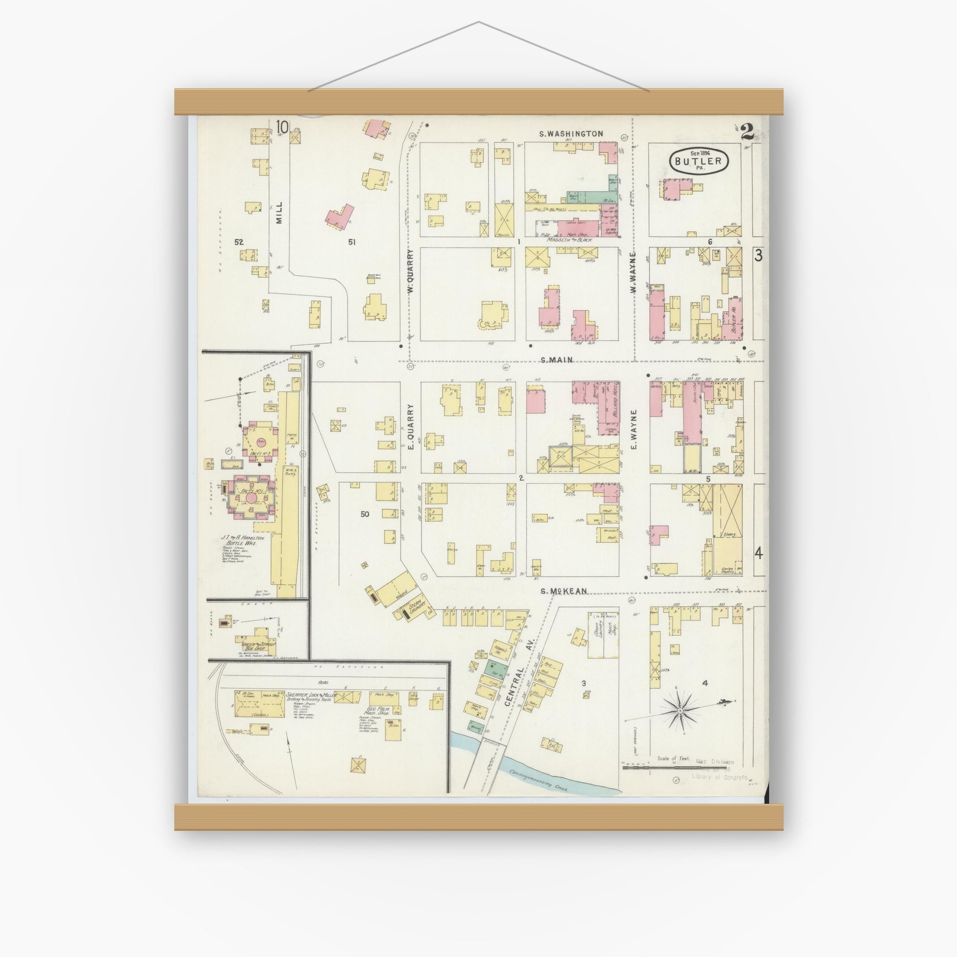 Old map wall art mockup — magnetic wood frame on white wall — Sanborn Fire Insurance Map from Butler, Butler County, Pennsylvania (1896), Sheet #0002