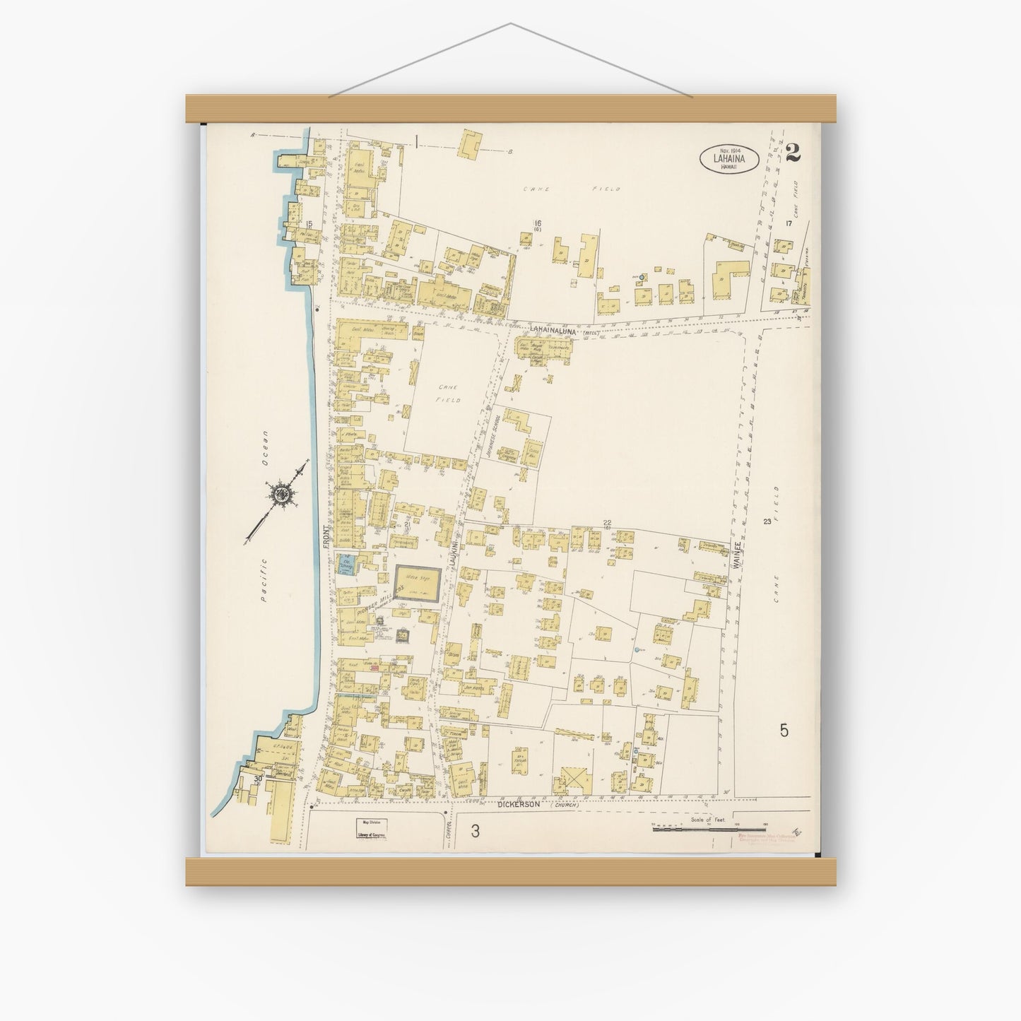 Old map wall art mockup — magnetic wood frame on white wall — Sanborn Fire Insurance Map from Lahaina, Maui County, Hawaii (1914), Sheet #0002