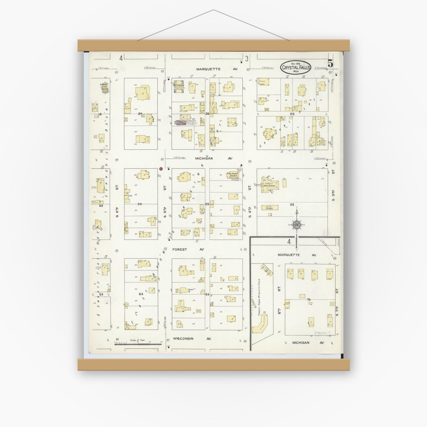 Old map wall art mockup — magnetic wood frame on white wall — Sanborn Fire Insurance Map from Crystal Falls, Iron County, Michigan (1914), Sheet #0005