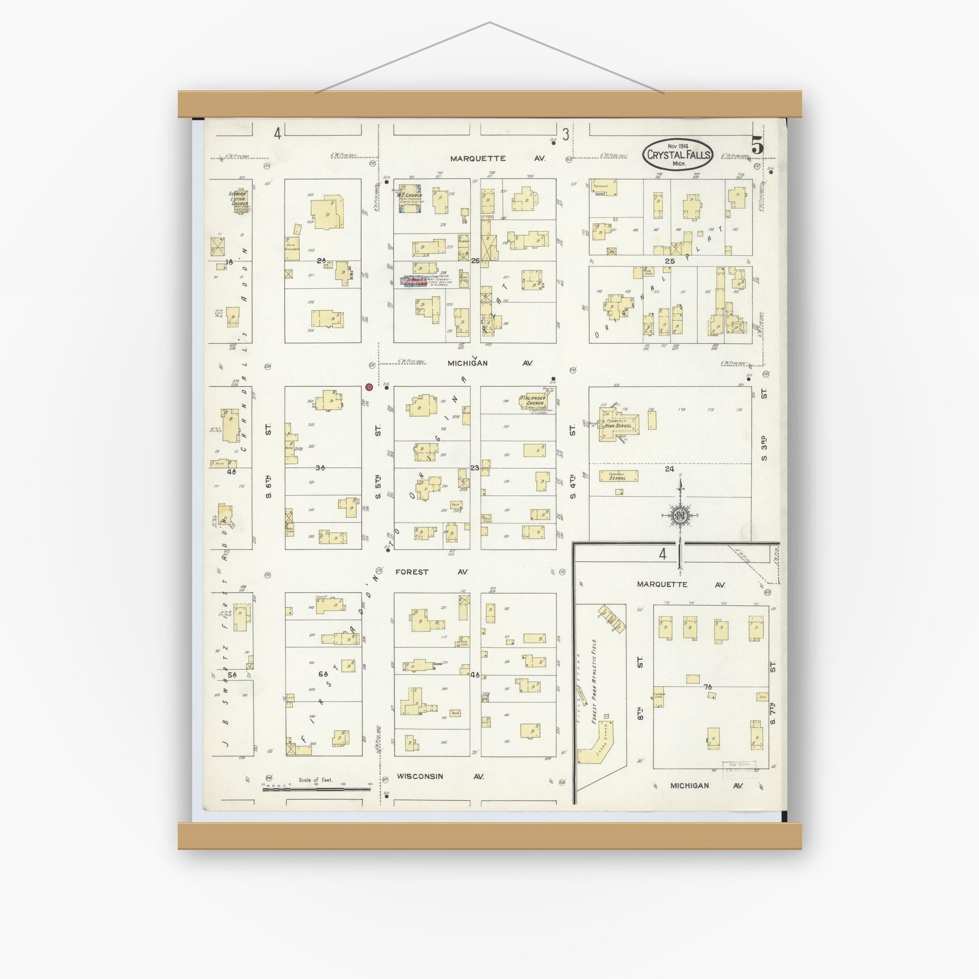 Old map wall art mockup — magnetic wood frame on white wall — Sanborn Fire Insurance Map from Crystal Falls, Iron County, Michigan (1914), Sheet #0005